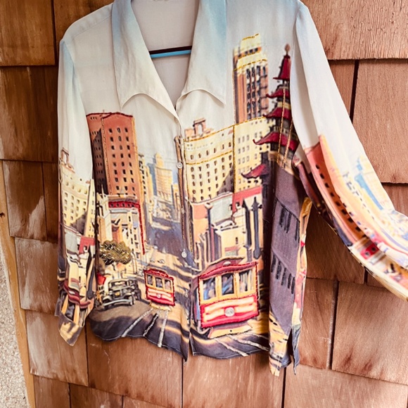 Vintage Printed San Fransisco Trolley Car Silk Gray Ivory Beaded Blouse Shirt L - Picture 6 of 15